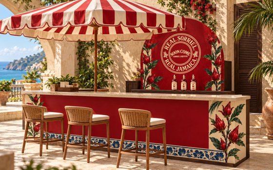 Courtyard bar — sorrel arch and striped parasol