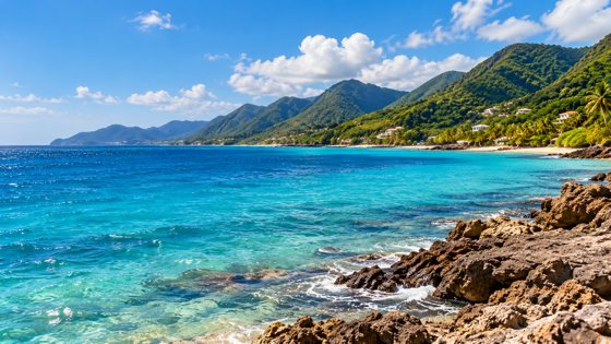 Blue bay and green hills