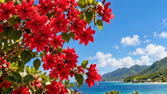 Red flowers against blue sky