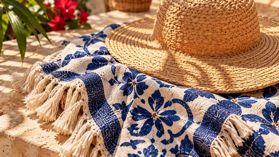 Woven straw and blue linen